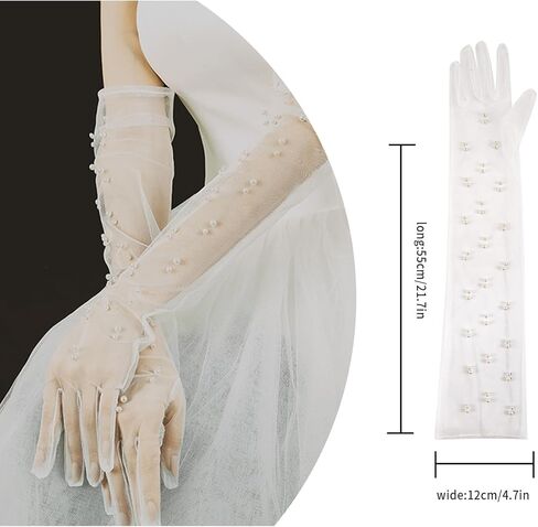 قفازات بيضاء رسمية للنساء، قفازات زفاف للعروس، قفازات بيضاء، لؤلؤية، قفازات الزفاف، قفازات شفافة، قفازات لؤلؤ الزفاف النسائية من التول، قفازات شبكية بيضاء لحفلات مكياج الزفاف والولائم in Kuwait