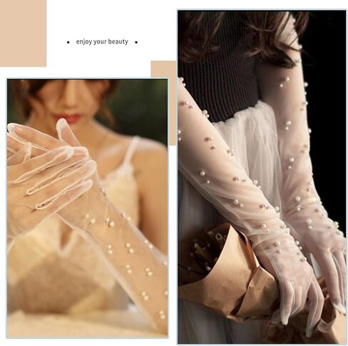 قفازات بيضاء رسمية للنساء، قفازات زفاف للعروس، قفازات بيضاء، لؤلؤية، قفازات الزفاف، قفازات شفافة، قفازات لؤلؤ الزفاف النسائية من التول، قفازات شبكية بيضاء لحفلات مكياج الزفاف والولائم in Kuwait
