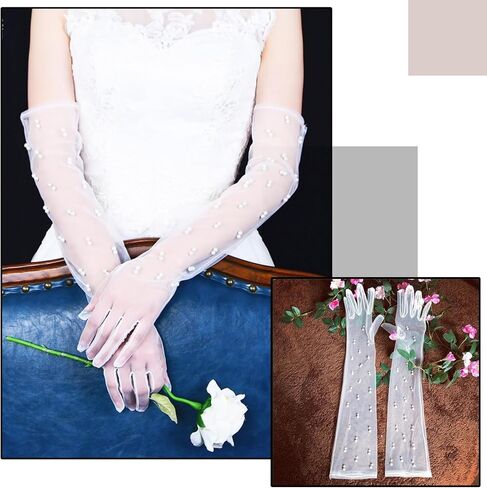 قفازات بيضاء رسمية للنساء، قفازات زفاف للعروس، قفازات بيضاء، لؤلؤية، قفازات الزفاف، قفازات شفافة، قفازات لؤلؤ الزفاف النسائية من التول، قفازات شبكية بيضاء لحفلات مكياج الزفاف والولائم in Kuwait