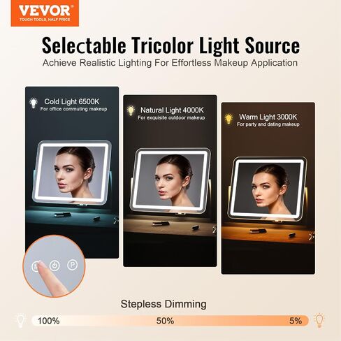 VEVOR Lighted Makeup Mirror, Three Color Lighting Modes Hollywood Vanity Mirror, Makeup LED Mirror with Lights, and 5X Magnification,USB Port, Smart Touch Control, 360°Rotation (21.7x17.7 in, White) in Saudi Arabia