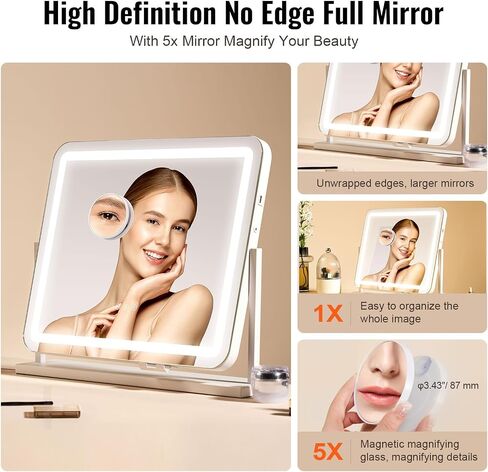 VEVOR Lighted Makeup Mirror, Three Color Lighting Modes Hollywood Vanity Mirror, Makeup LED Mirror with Lights, and 5X Magnification,USB Port, Smart Touch Control, 360°Rotation (21.7x17.7 in, White) in Saudi Arabia