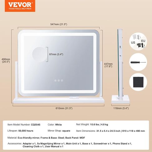 VEVOR Lighted Makeup Mirror, Three Color Lighting Modes Hollywood Vanity Mirror, Makeup LED Mirror with Lights, and 5X Magnification,USB Port, Smart Touch Control, 360°Rotation (21.7x17.7 in, White) in Saudi Arabia