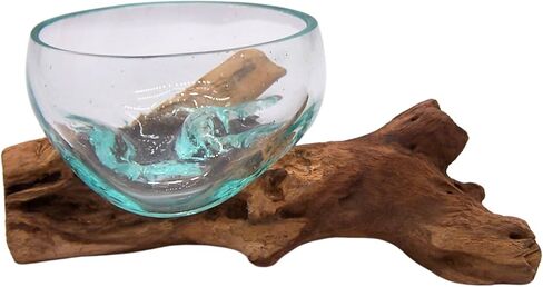 Small Glass Bowl on Driftwood Figurine, Freestanding Nautical Home & Office Decor, Beach Themed Decoration, 6.5 Inches in Saudi Arabia