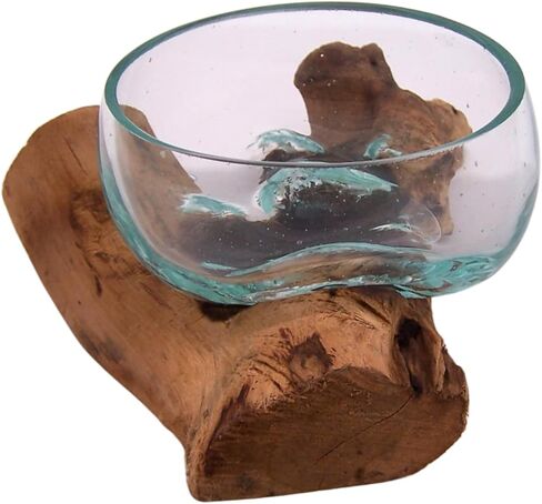 Small Glass Bowl on Driftwood Figurine, Freestanding Nautical Home & Office Decor, Beach Themed Decoration, 6.5 Inches in Saudi Arabia