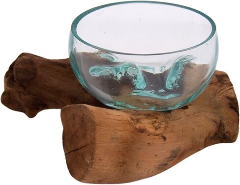 Small Glass Bowl on Driftwood Figurine, Freestanding Nautical Home & Office Decor, Beach Themed Decoration, 6.5 Inches in Saudi Arabia