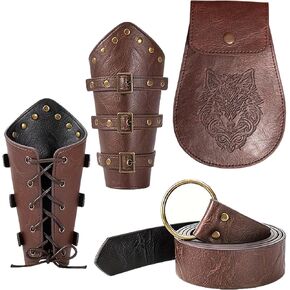 3 PCS Medieval Viking Belt Vintage Belt Pouch and Leather Bracers, Halloween Cosplay Renaissance Accessories