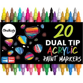 Chalkola 20 Acrylic Paint Pens Dual Tip - Acrylic Markers for Rock Painting, Canvas, Wood, Ceramic, Glass, Fabric, Metal - Permanent & Waterproof Fine tip Acrylic Paint Markers for Kids & Adults