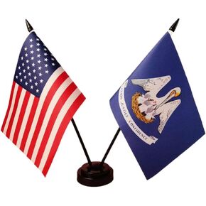 America & Louisiana Twin Desk Flag, US Louisiana Table Flags, 8 x 5 Inches American & Louisiana Deluxe Desk Flag Set - Miniature USA & Louisiana Stick Flag with Flag Stand
