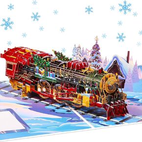 Containlol Christmas Train Pop Up Card 3D Vintage Steam Train Greeting Card Xmas Festive Handcrafted Christmas Cards for Adults Happy New Year Winter Merry Christmas Card 6" x 8" with Envelope