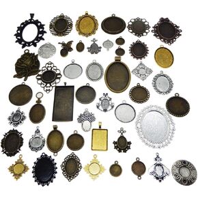 Julie Wang 40PCS Antiqued Bronze Silver Bezel Tray Pendant Blanks Base Charms for Resin Mold Setting Photo Necklace Jewelry Making No Duplicates