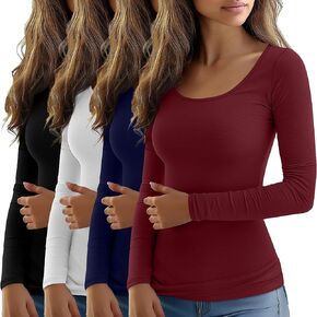 Ficerd 4 Pack Women's Long Sleeve T Shirts Scoop Neck Basic Tight Slim Fit Tops Fall Casual Fashion Winter Tee Shirts