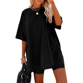 Remidoo Women's Oversized T Shirt Crewneck Solid Short Sleeve Baggy Cotton Tees