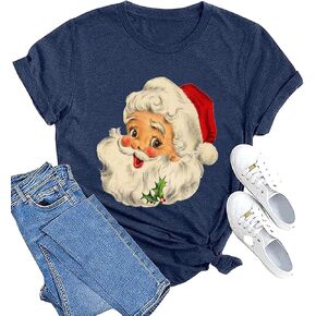 Santa Claus Christmas T-Shirt for Women Vintage Christmas Graphic Shirts Funny Xmas Gift Top Casual Retro Holiday Tees