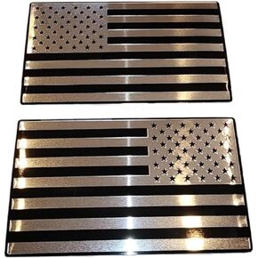 Muzzys (Set of Two) 3"x5" Chrome and Black Aluminum Embossed Left & Right American Flag Decal Emblem Sticker Badge United States Stick On Fender Bed Car Truck Window Glass Made in USA