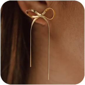 Miss Pink Bow Drop Dangle Earrings for Women Girls Christmas 14K Gold/Silver Plated Long Tassel Chain Earrings Bow Earings Wedding Statement Jewelry Ribbon Earrings Gifts for Friends Lover