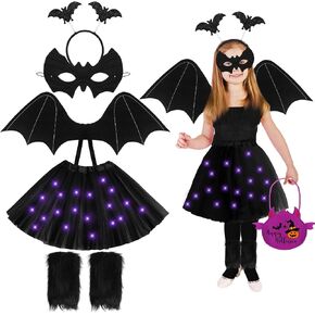 Foaincore 6 Pack Halloween Bat Costume for Kids Girls Bat Wing LED Tutu Skirt Headband Bat Mask Handbag Black Boot Cover