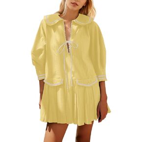Women Cute Bow Tie Up Open Front Mini Dress Lapel Contrast Binding 3/4 Sleeve Mini Dress Pleated A line Dresses