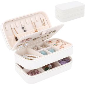 DesignSter Small Travel Jewelry Box with Double Zipper, 2 Layers PU Portable Jewelry Case for Women and Girls,Travel Jewelry Organizer for Rings, Earrings, Necklaces, Bracelets,Pink