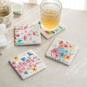 NIKKY HOME Flower Coasters for Drink Set of 4, Absorbent Cork Base Outdoor Colorful Floral Coaster, Vintage Handmade Square Resin Coaster for Tabletop Protection Suitable for Kinds of Cups, 4 Inches
