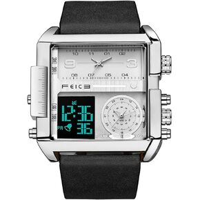 FEICE Wathes for Men Digital LED Analog Quartz Wristwatch Business Men’s Watch Multifunction Square Chronograph 24H Calendar Leather Band Unique FK030