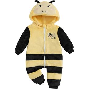Pudcoco Toddler Baby Boys Girls Halloween Bee Costume Cartoon Animal Fuzzy Hooded Zipper Romper Jumpsuit Cosplay