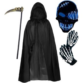 Grim Reaper Costume Halloween Scary Costume for Kids With LED Mask,Cloak,Scythe,Gloves Included