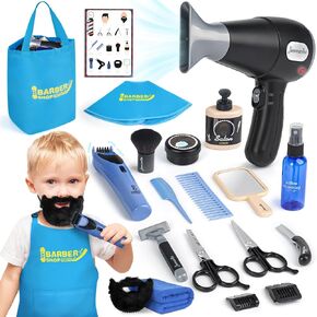 Sanlebi Barber Shop Pretend Play Toy, Kids Hair Salon Toys, Kids Shaving Kit for Boys Ages 3+ with Blow Dryer, Electric Shaver Toys, Tool Bag and Stylist Shave Barber Accessories for Role Play