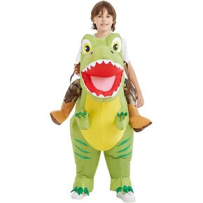 COMIN Inflatable Dinosaur Costume Kids, Ride on Dinosaur Blow Up Dino Costume Green Funny Dress for Halloween Party