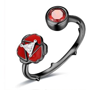 PAPAON Black Red Rose Open Ring for Women – Crystal Accented Jewelry, Elegant Statement Ring, Ideal Gift for Her, Fashionable Design with Adjustable Band, Perfect for Daily Wear or Special Occasions