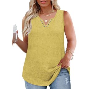 VISLILY Plus-Size-Tank-Tops for Women Cute Ring Hole V Neck Sleeveless Shirts Trendy Summer Blouses Casual Loose Fit Tunics