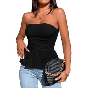 SHENHE Women's Ruched Ruffle Hem Flared Elegant Slim Fitted Tube Tank Tops
