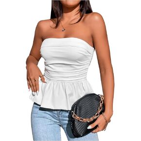 SHENHE Women's Ruched Ruffle Hem Flared Elegant Slim Fitted Tube Tank Tops