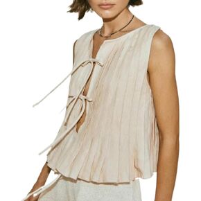 Tie Front Tank Tops for Women Y2K Bow Sleeveless Coquette Pleated Ruffle Shirts Summer 2024 Babydoll Top