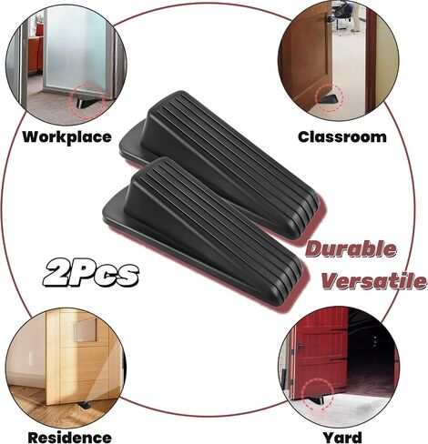 Heavy-Duty Rubber Door Stop Wedge, Stackable Design for All Floor Types, Durable Door Stops for Carpet & Hard Surfaces, Fits Various Door Gaps (Black, 2 Pack) in Saudi Arabia