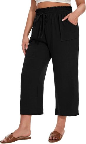 SEKINO Women's Plus Size Casual Loose Flowy Pants Wide Leg Cropped Beach Pants Drawstring Waist Lounge Pants with Pockets in Saudi Arabia