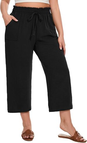 SEKINO Women's Plus Size Casual Loose Flowy Pants Wide Leg Cropped Beach Pants Drawstring Waist Lounge Pants with Pockets in Saudi Arabia