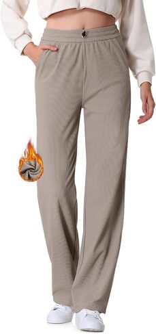 Women Straight Leg Pants Fleece Lined Ribbed Pants Business Work Casual Trousers with Pockets in Kuwait