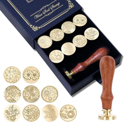 طقم ختم الشمع 9 قطع، مجموعة ختم ختم نباتية من طوابع زهور فوسيبوكي، مقبض خشبي مع رأس نحاسي لهدية بطاقات تهنئة الزفاف in Saudi Arabia