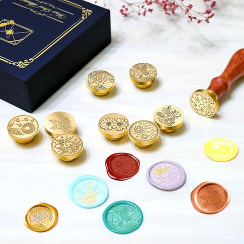 طقم ختم الشمع 9 قطع، مجموعة ختم ختم نباتية من طوابع زهور فوسيبوكي، مقبض خشبي مع رأس نحاسي لهدية بطاقات تهنئة الزفاف in Saudi Arabia