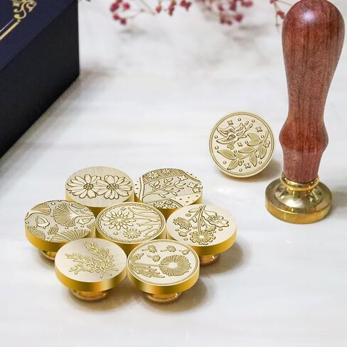 طقم ختم الشمع 9 قطع، مجموعة ختم ختم نباتية من طوابع زهور فوسيبوكي، مقبض خشبي مع رأس نحاسي لهدية بطاقات تهنئة الزفاف in Saudi Arabia