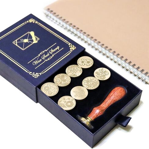 طقم ختم الشمع 9 قطع، مجموعة ختم ختم نباتية من طوابع زهور فوسيبوكي، مقبض خشبي مع رأس نحاسي لهدية بطاقات تهنئة الزفاف in Saudi Arabia