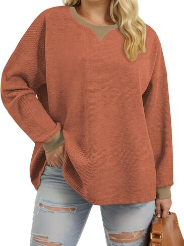 VISLILY Womens-Plus-Size-Sweatshirts Trendy Color Block Casual Long Sleeve Tops Waffle Knit Oversized Shirts Loose Fit Tunics in Kuwait