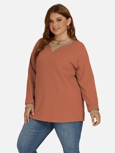 VISLILY Womens-Plus-Size-Sweatshirts Trendy Color Block Casual Long Sleeve Tops Waffle Knit Oversized Shirts Loose Fit Tunics in Kuwait