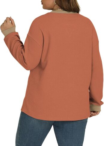 VISLILY Womens-Plus-Size-Sweatshirts Trendy Color Block Casual Long Sleeve Tops Waffle Knit Oversized Shirts Loose Fit Tunics in Kuwait