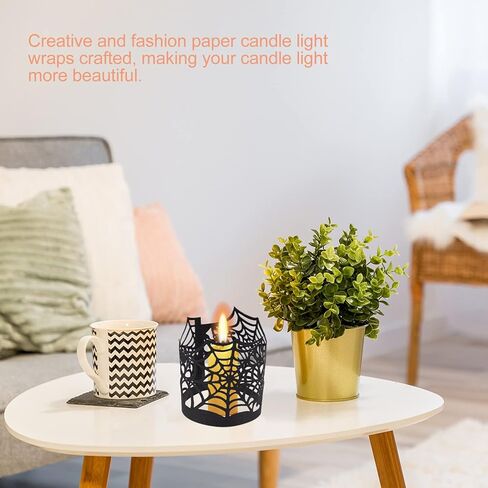 50 قطعة من أغطية الشموع لعيد الهالوين، أغطية زخرفية على شكل ضوء الشاي، حامل شموع ورقية من شبكة العنكبوت لبطارية LED، شموع تيلايت، ديكورات حفلات الهالوين in Kuwait