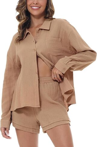 MISSFASHION قطعتين ملابس للنساء قمصان طويلة الأكمام وشورتات مجموعات القطن الكتان صالة مجموعات in Kuwait