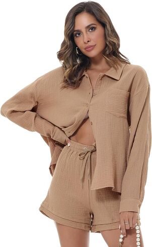 MISSFASHION قطعتين ملابس للنساء قمصان طويلة الأكمام وشورتات مجموعات القطن الكتان صالة مجموعات in Kuwait