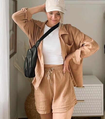 MISSFASHION قطعتين ملابس للنساء قمصان طويلة الأكمام وشورتات مجموعات القطن الكتان صالة مجموعات in Kuwait