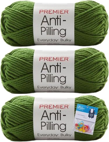 خيوط مكتنزة مضادة للوبر من Premier Yarns للاستخدام اليومي - 3.5 أونصة - #6 وزن ضخم للغاية - حزمة من 3 قطع مع أقلام تحديد الغرز من Bella's Crafts (أخضر) in Saudi Arabia