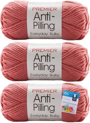 خيوط مكتنزة مضادة للوبر من Premier Yarns للاستخدام اليومي - 3.5 أونصة - #6 وزن ضخم للغاية - حزمة من 3 قطع مع أقلام تحديد الغرز من Bella's Crafts (أخضر) in Saudi Arabia